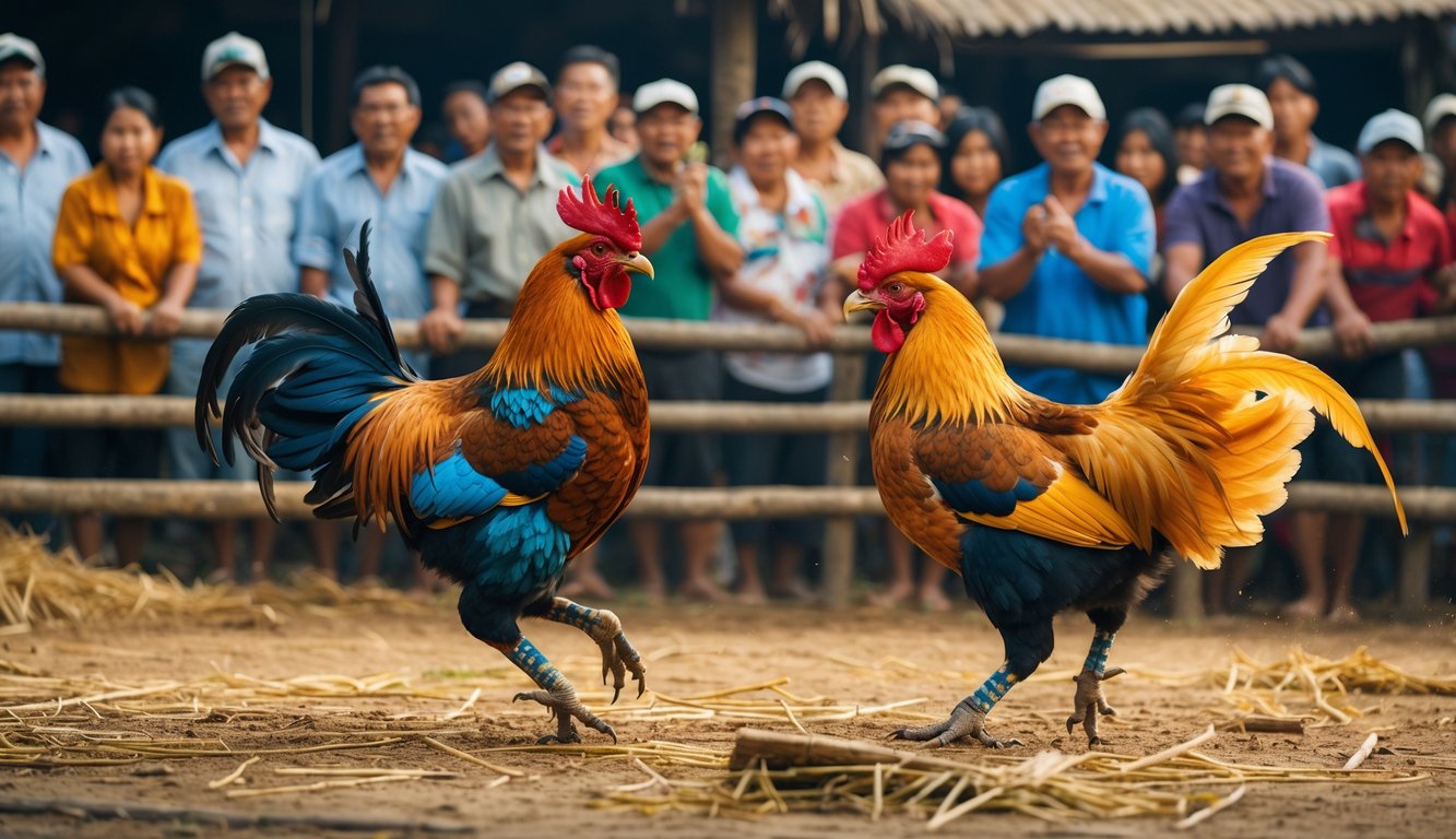 Dua ayam jantan sedang bertarung di arena terbuka dengan kerumunan orang menonton di latar belakang.