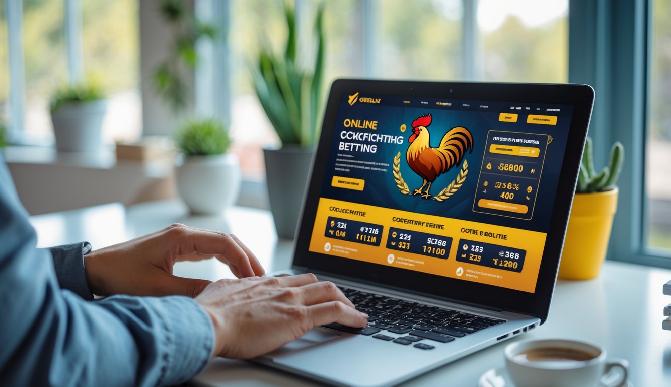 Seseorang menggunakan laptop di meja dengan tampilan situs taruhan sabung ayam online yang aman dan nyaman.