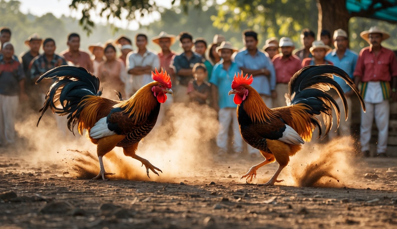 Dua ayam jago sedang bertarung di luar ruangan dengan penonton yang memperhatikan di latar belakang.