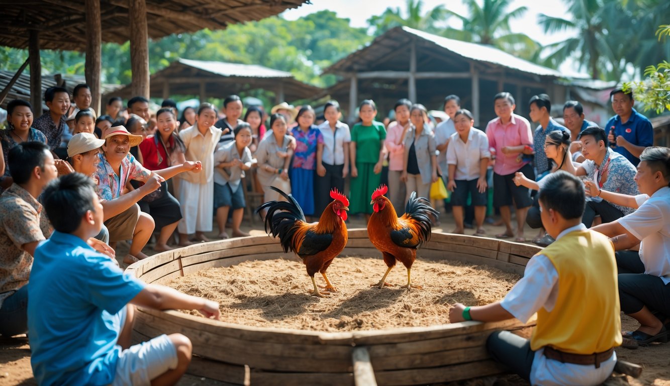 Kerumunan orang menonton pertarungan ayam jago di arena tradisional luar ruangan.