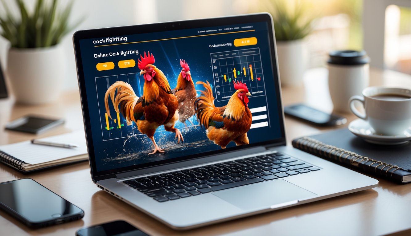 Seorang pria menggunakan laptop di meja kerja dengan tampilan situs web sabung ayam online yang menampilkan gambar ayam jantan bertarung dan grafik taruhan.