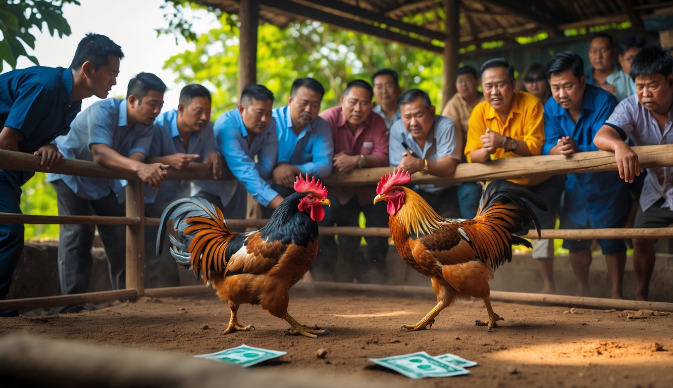 Sekelompok pria menonton dua ayam jago bertarung di arena tradisional dengan suasana penuh semangat dan alami.
