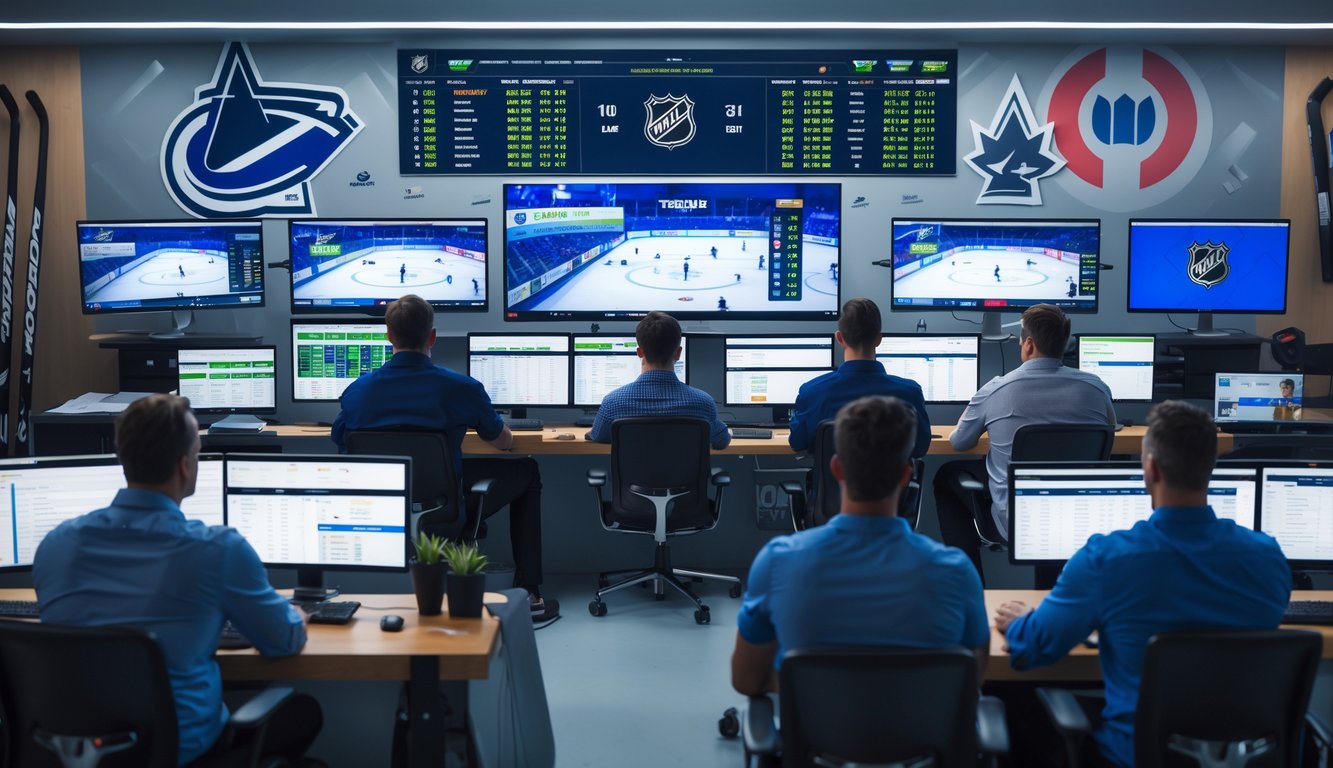 Orang-orang sedang menggunakan komputer untuk memasang taruhan pada pertandingan hoki NHL secara online.