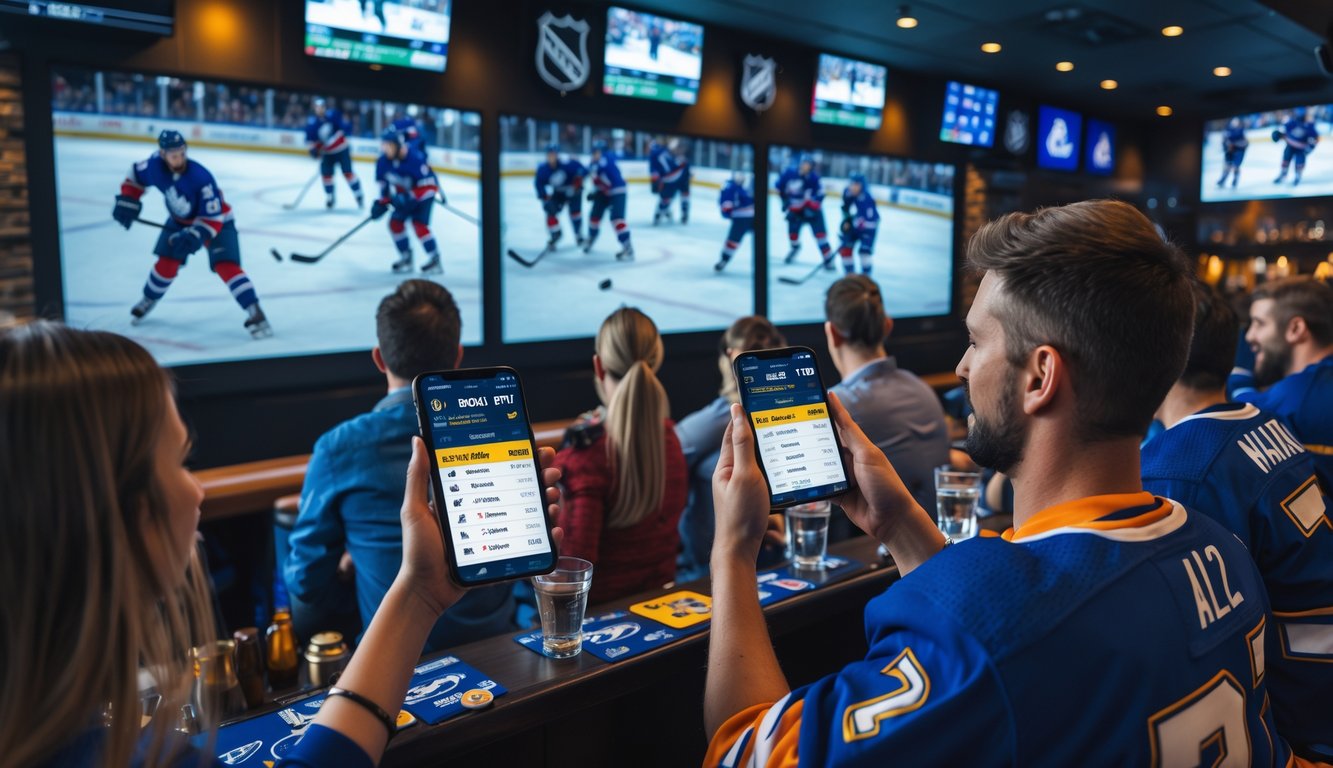Sekelompok penggemar hoki menonton pertandingan NHL di bar olahraga dengan layar besar sambil menggunakan perangkat digital untuk bertaruh.