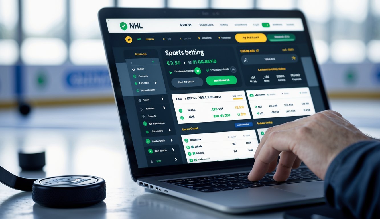 Layar perangkat digital menampilkan situs taruhan NHL dengan jadwal pertandingan dan peluang taruhan, dengan latar belakang elemen hoki es.