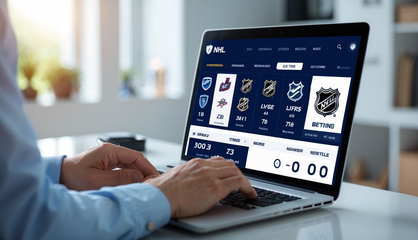 Seseorang menggunakan laptop dengan tampilan platform taruhan NHL yang aman dan legal di sebuah ruang kerja rumah yang terang.