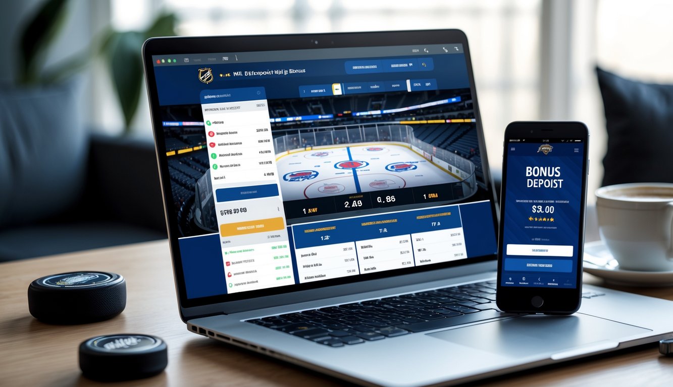 Sebuah ruang kerja modern dengan laptop yang menampilkan pertandingan hoki NHL dan ponsel yang menunjukkan notifikasi bonus deposit.