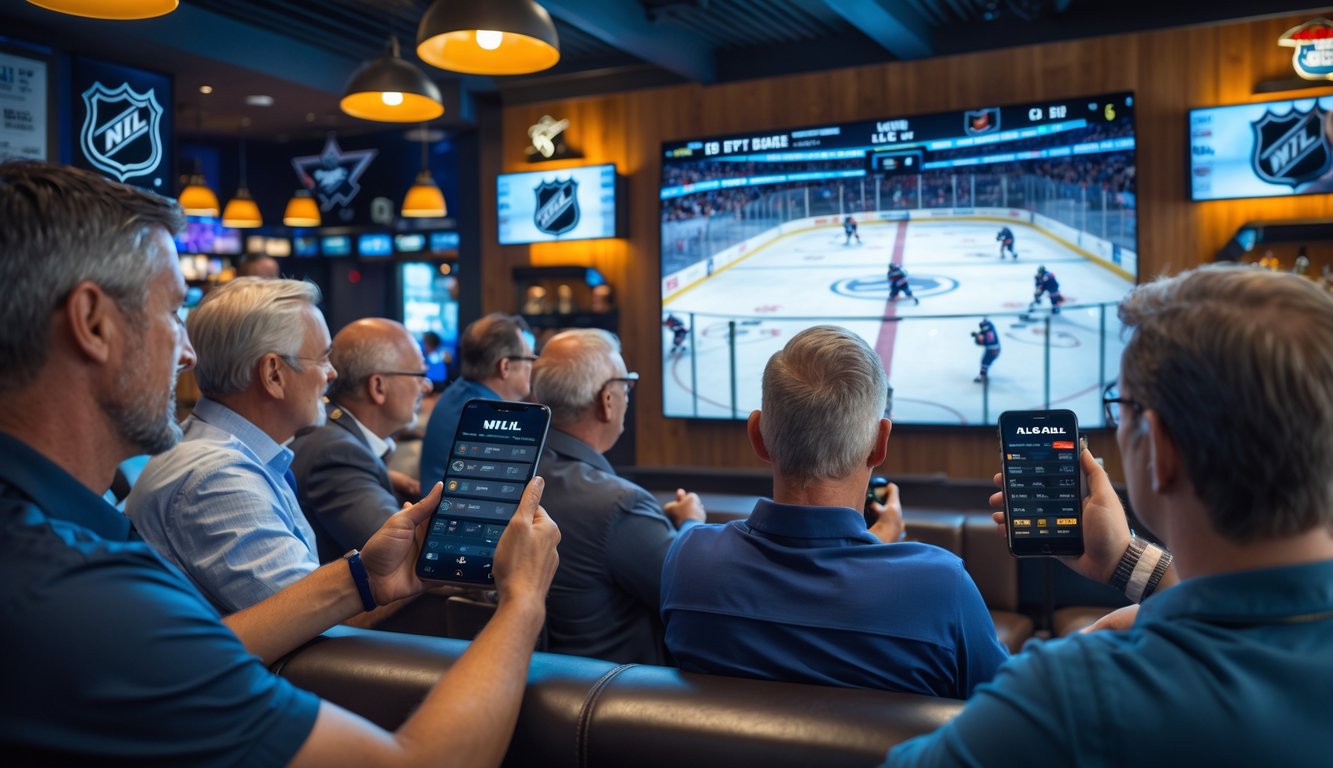 Sekelompok orang menonton pertandingan hoki es di layar besar sambil menggunakan ponsel untuk memasang taruhan langsung.