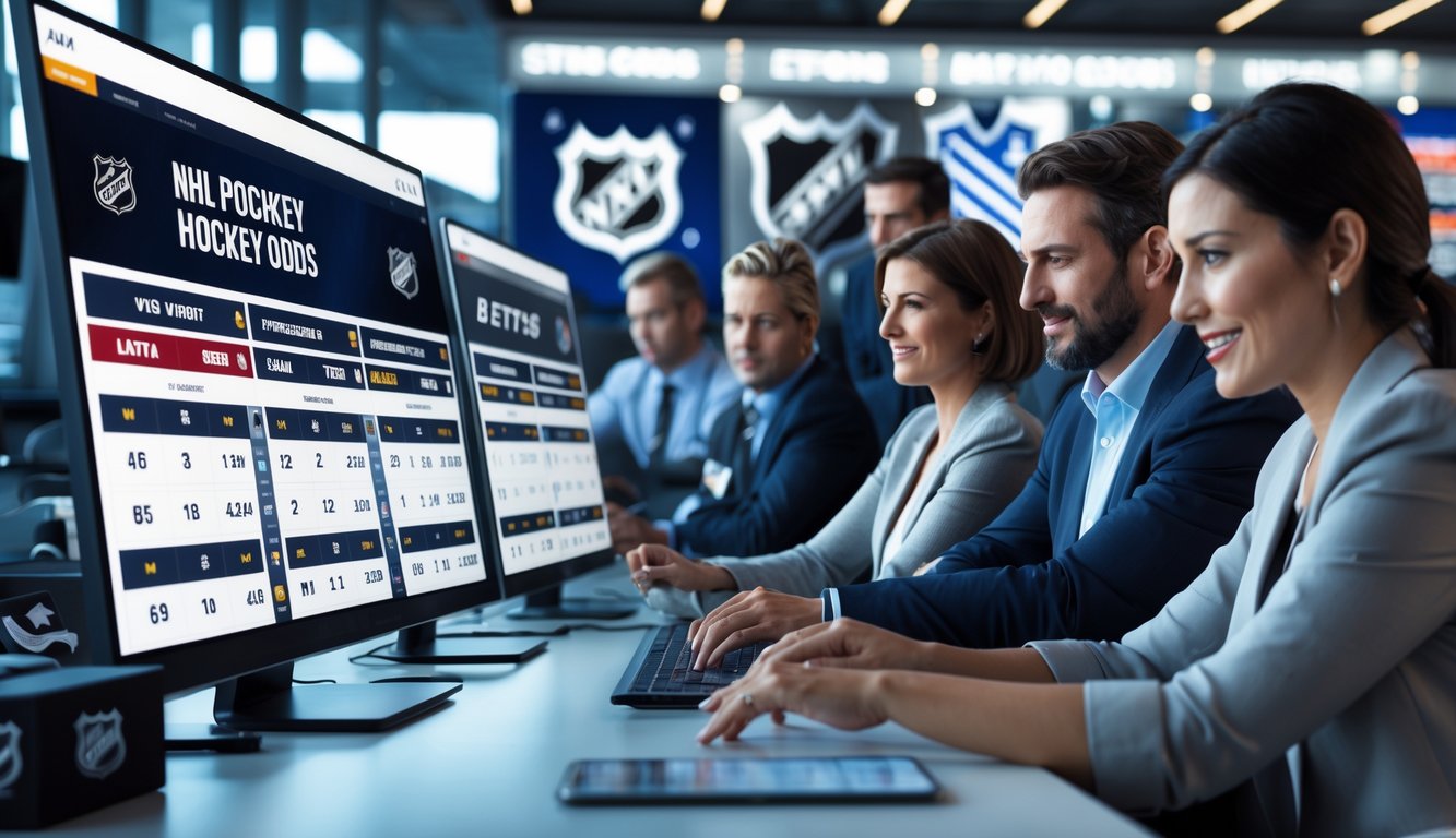 Orang-orang menggunakan platform taruhan olahraga dengan tampilan peluang NHL di layar digital dalam suasana kantor modern.