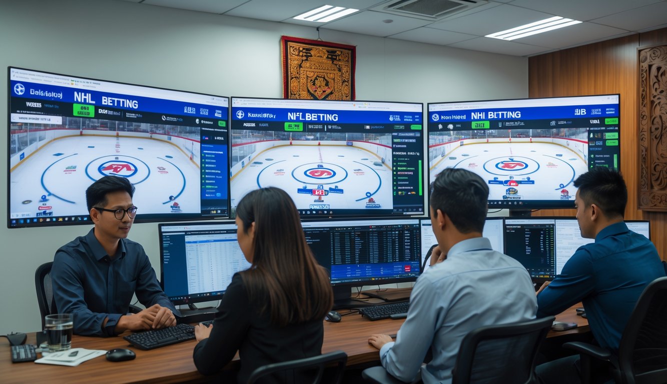 Sekelompok orang Indonesia sedang bekerja di kantor dengan layar komputer menampilkan pertandingan hoki es NHL dan informasi taruhan.