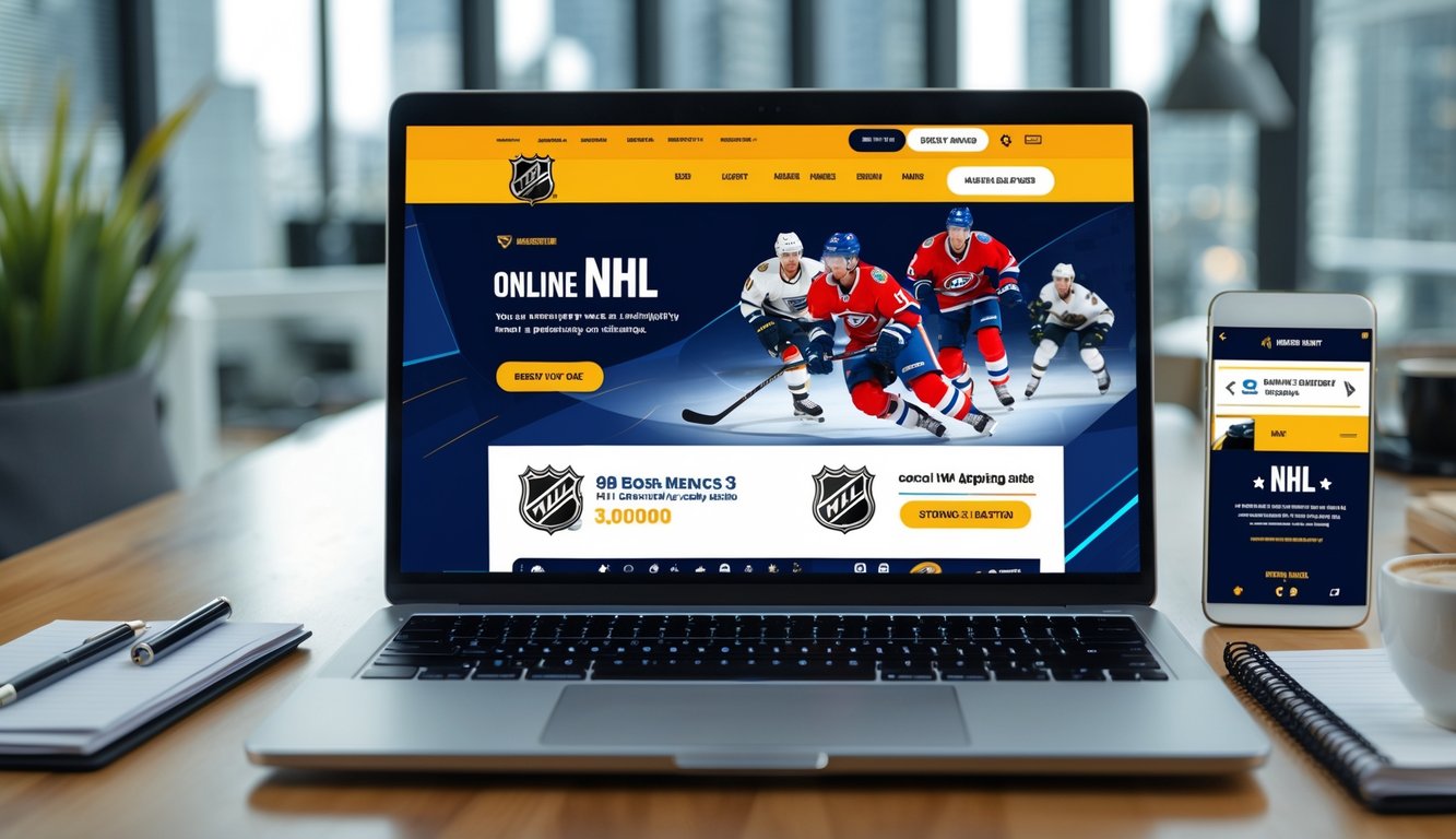 Layar laptop menampilkan antarmuka situs taruhan NHL online dengan gambar pemain hoki dan promosi menarik di meja kayu di kantor modern.