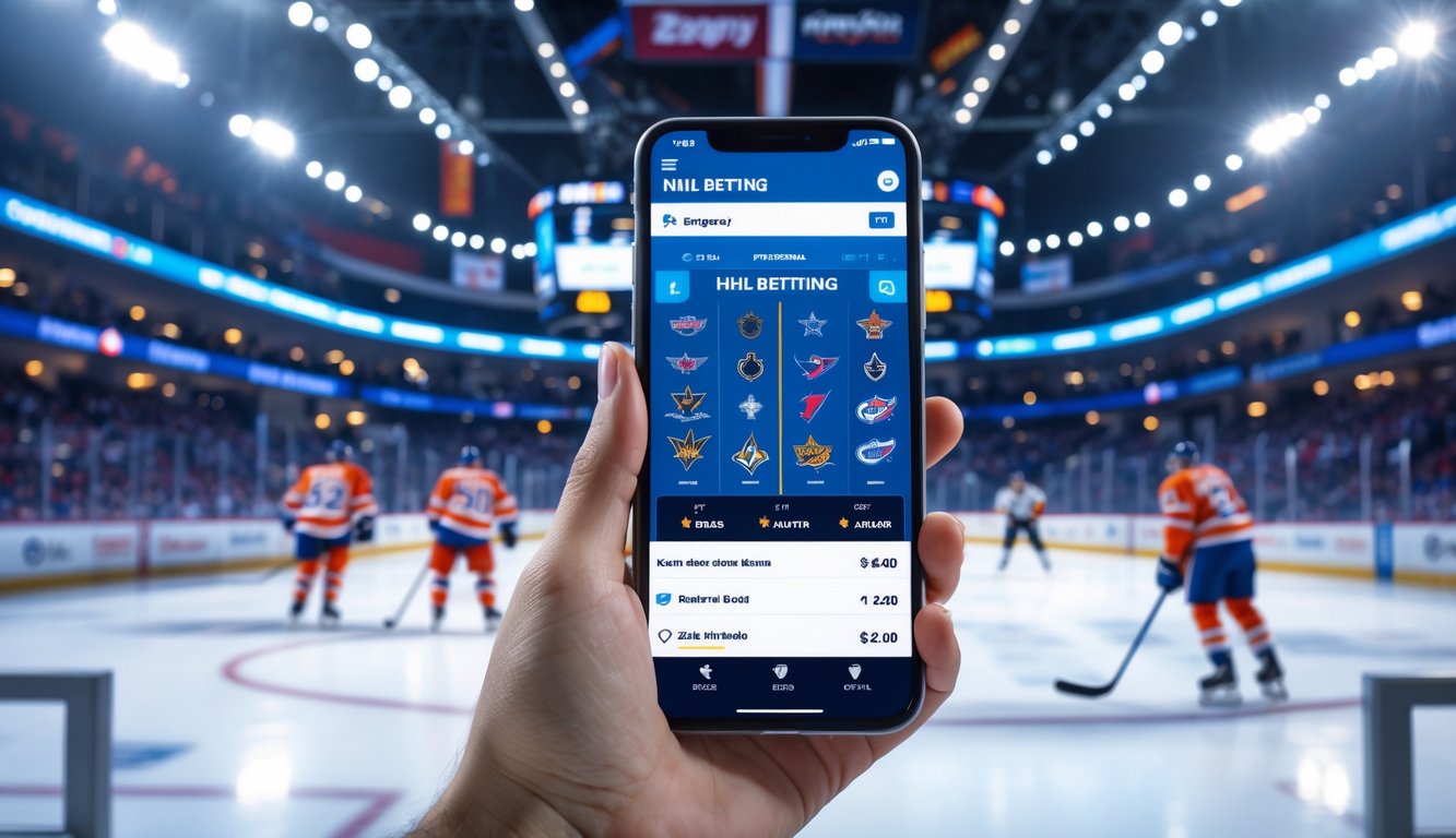 Seseorang memegang ponsel yang menampilkan aplikasi taruhan NHL dengan latar belakang arena hoki es dan pertandingan yang sedang berlangsung.