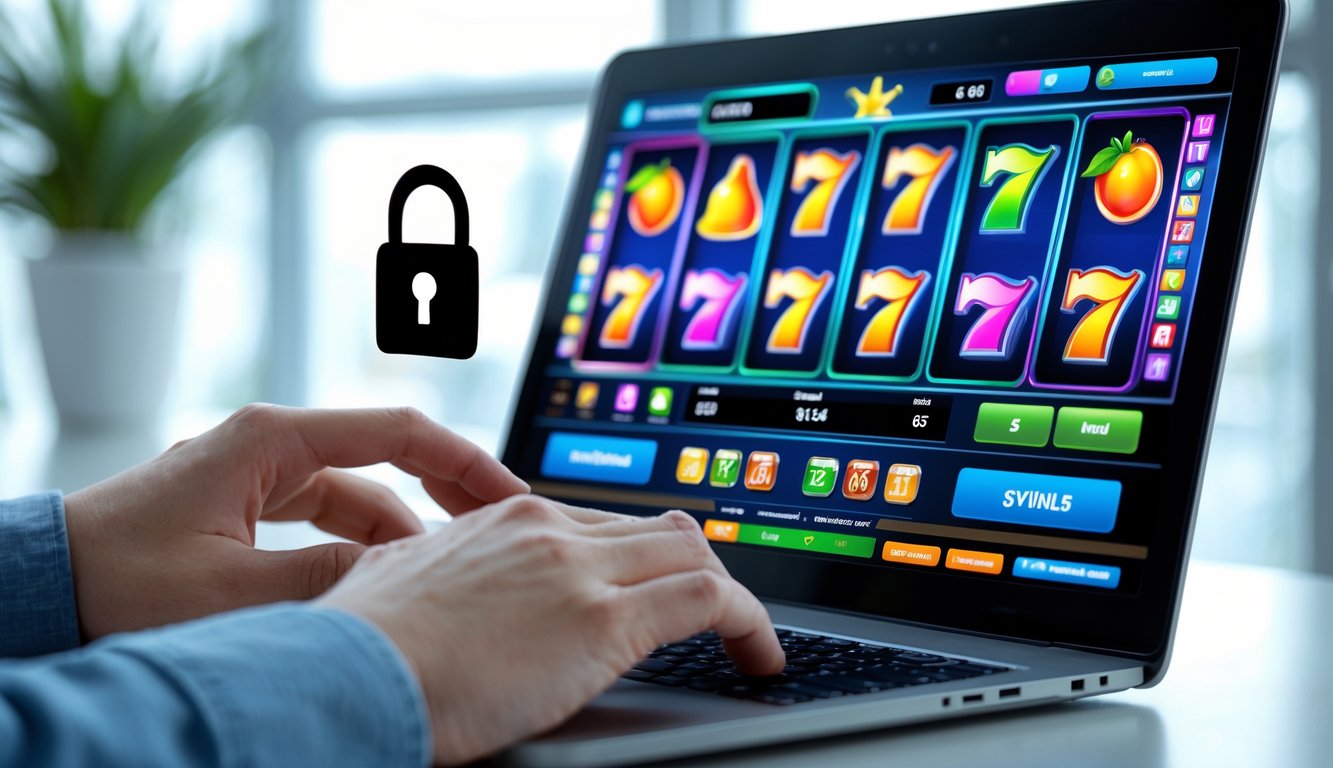 Seorang pengguna menggunakan laptop dengan permainan mesin slot online yang berwarna-warni di layar dalam ruangan kantor yang terang dan rapi.