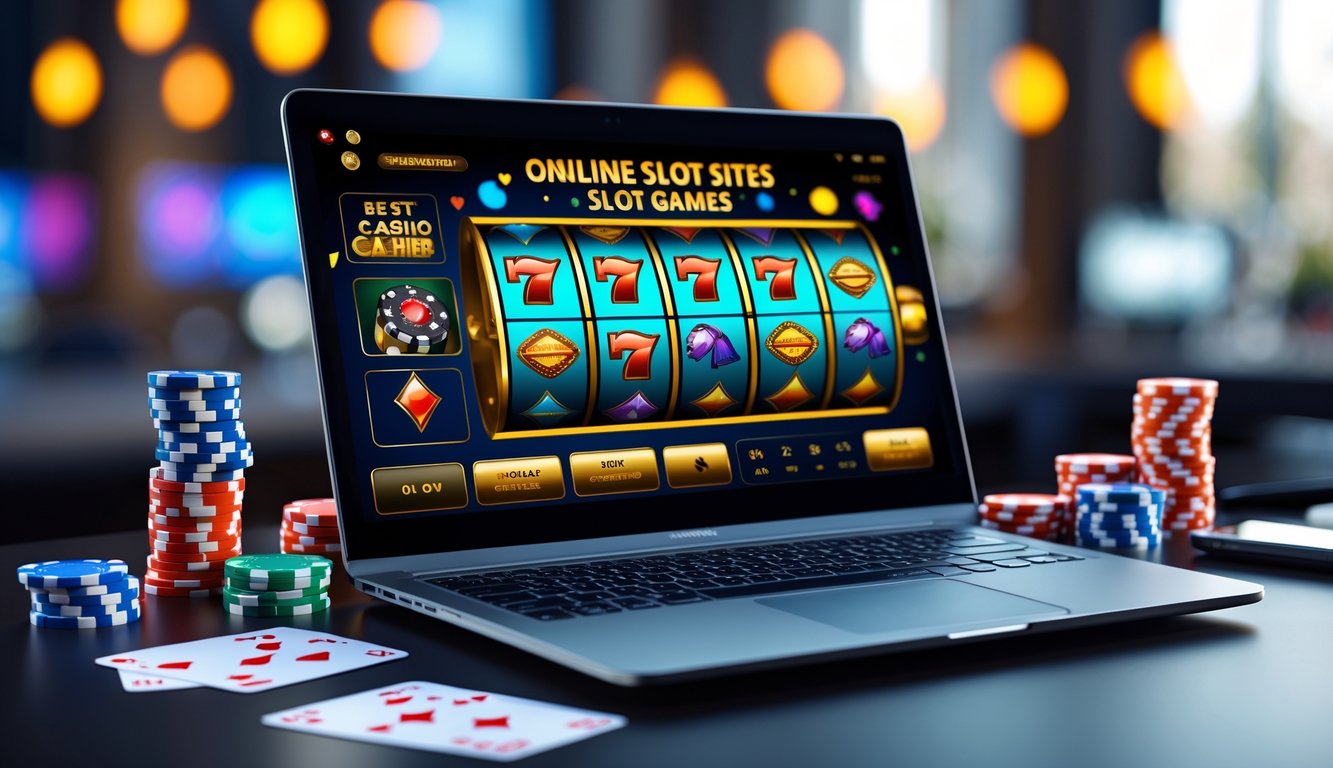 Sebuah laptop di meja kerja menampilkan permainan mesin slot dengan chip poker dan kartu remi di sekitarnya.