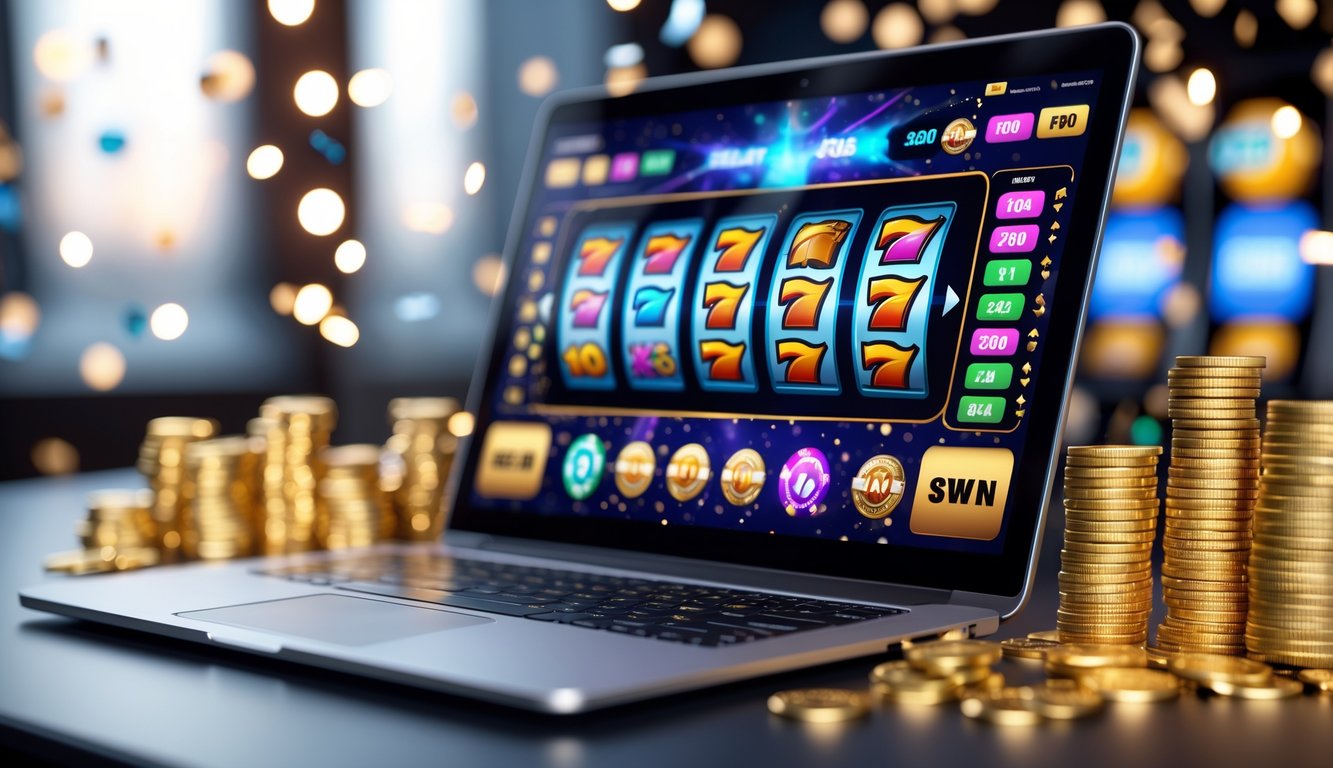 Sebuah komputer menampilkan permainan slot online dengan koin emas dan dekorasi pesta di sekitarnya