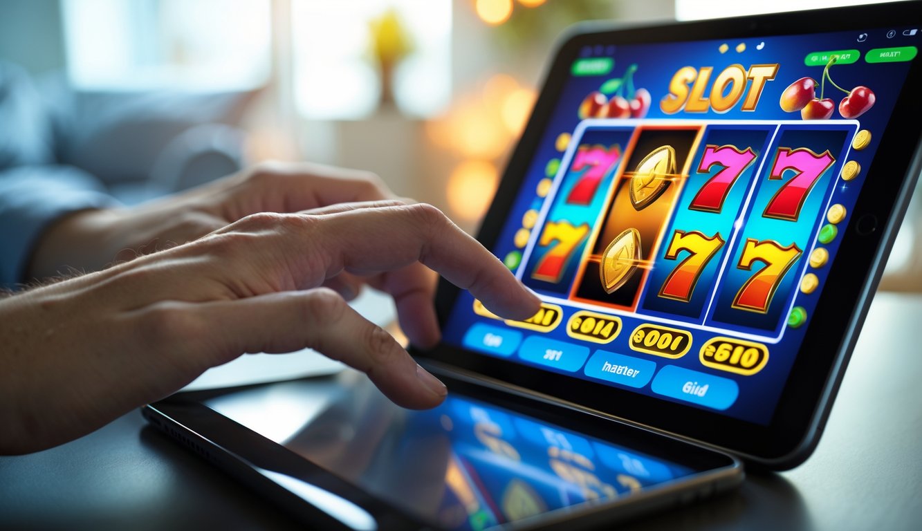 Tangan seseorang menggunakan tablet yang menampilkan permainan slot online dengan latar belakang ruangan yang nyaman.