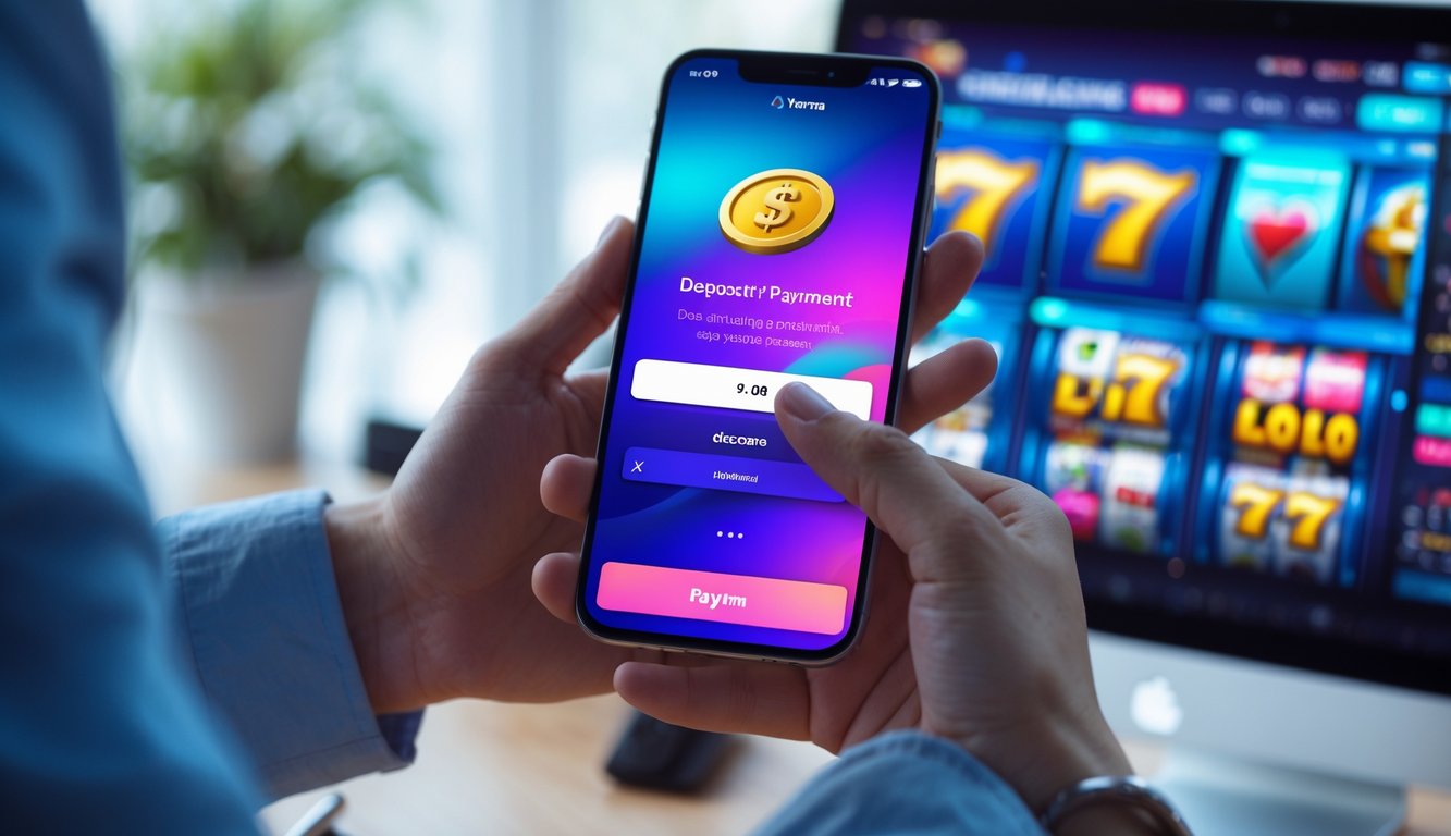 Tangan memegang ponsel dengan layar pembayaran digital dan latar belakang permainan slot online di layar komputer.