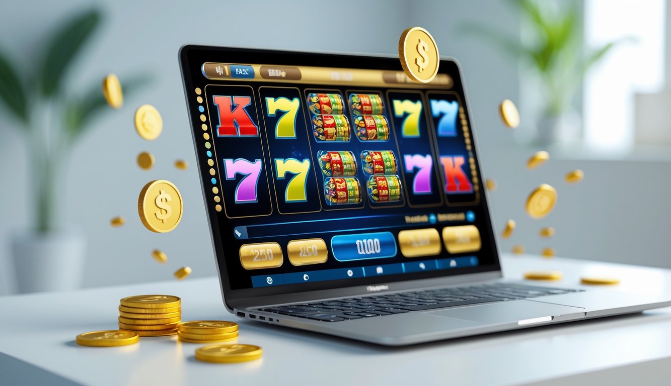 Seorang pengguna sedang bermain mesin slot online di laptop dengan koin emas mengambang di sekitarnya.