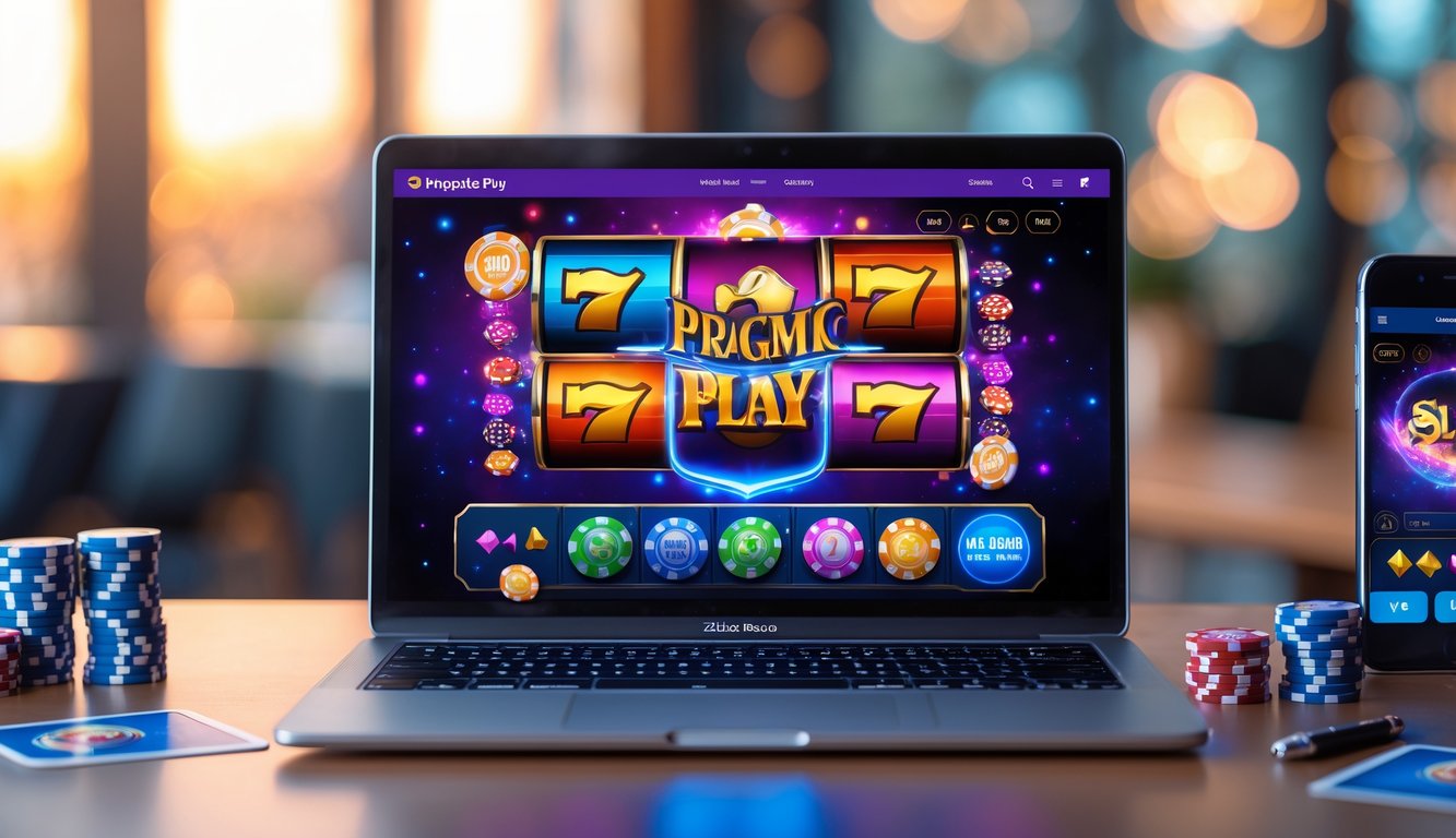 Seseorang bermain permainan slot online Pragmatic Play di depan laptop dengan suasana ruang kerja yang rapi dan pencahayaan hangat.