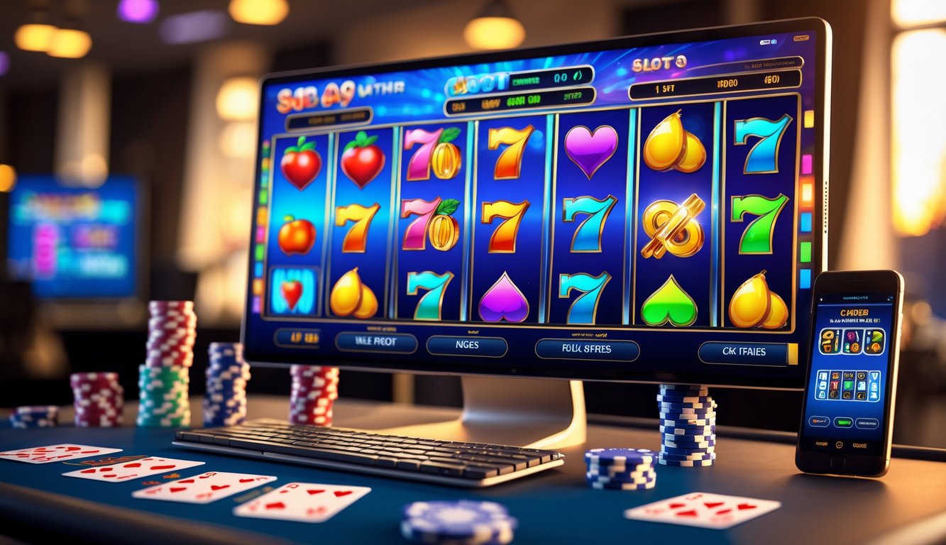 Meja kerja dengan monitor menampilkan permainan slot online berwarna-warni dan beberapa aksesori kasino seperti chip poker dan kartu remi.