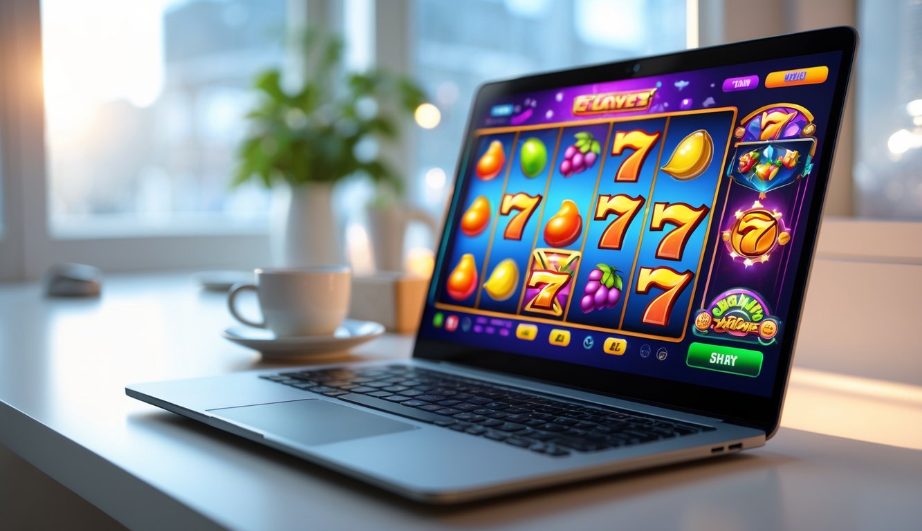 Seorang pengguna laptop di meja kerja dengan layar menampilkan permainan slot online berwarna-warni.