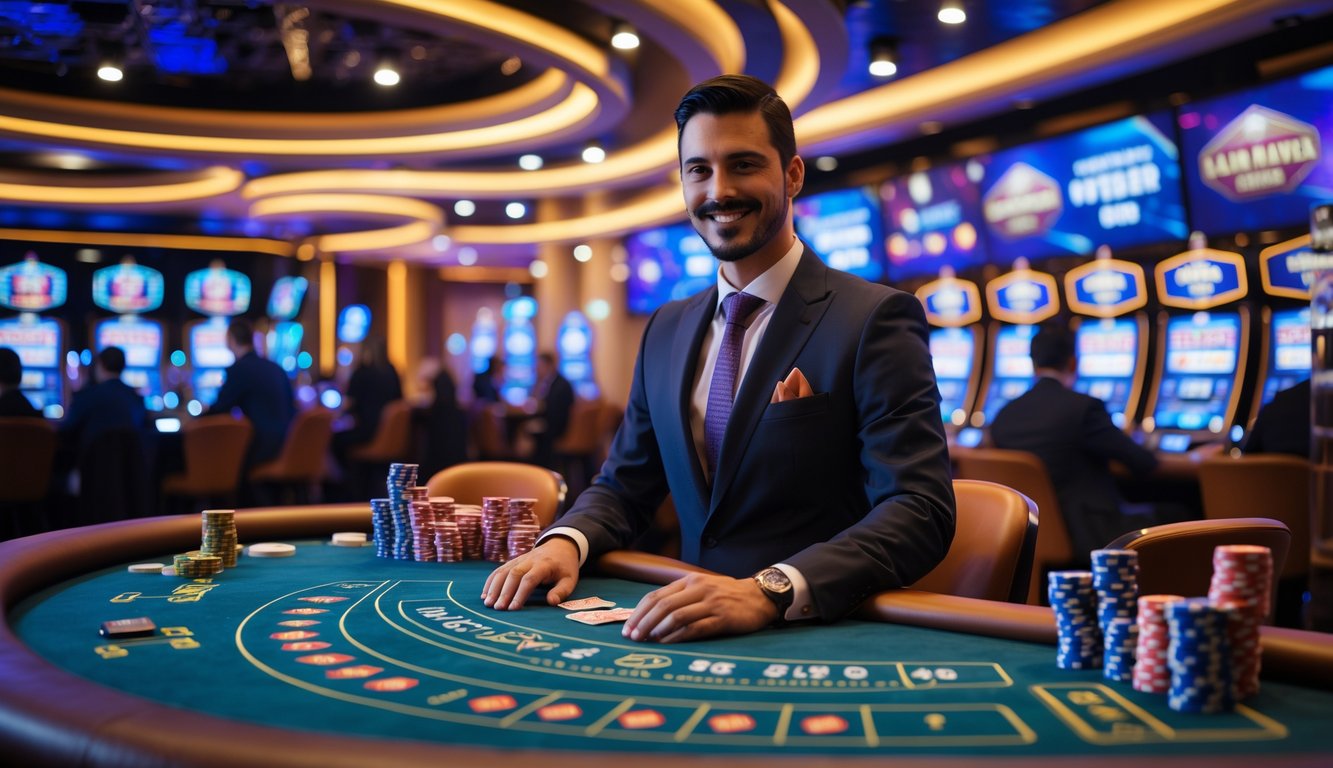 Seorang dealer di meja kasino dengan kartu dan chip, dikelilingi oleh layar permainan kasino hidup dan pemain yang menikmati permainan.