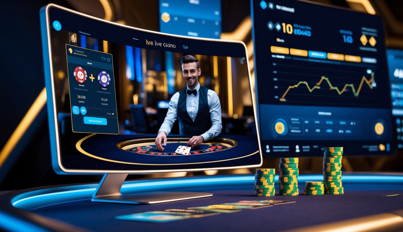 Seorang dealer kasino live sedang membagikan kartu di meja kasino dengan monitor besar menampilkan permainan kasino online.