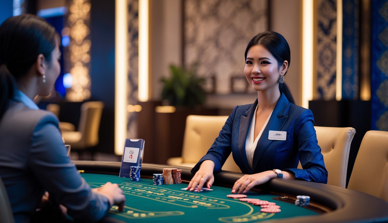 Seorang dealer kasino wanita yang tersenyum duduk di meja kasino dengan kartu dan chip di depan, di dalam ruangan kasino modern dengan dekorasi yang terinspirasi budaya Indonesia.