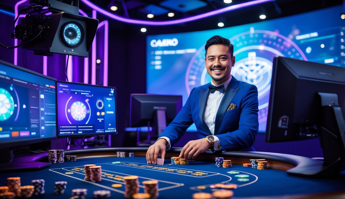 Seorang dealer kasino profesional sedang membagikan kartu di meja kasino dengan kamera dan monitor di sekitarnya untuk siaran langsung kasino online.