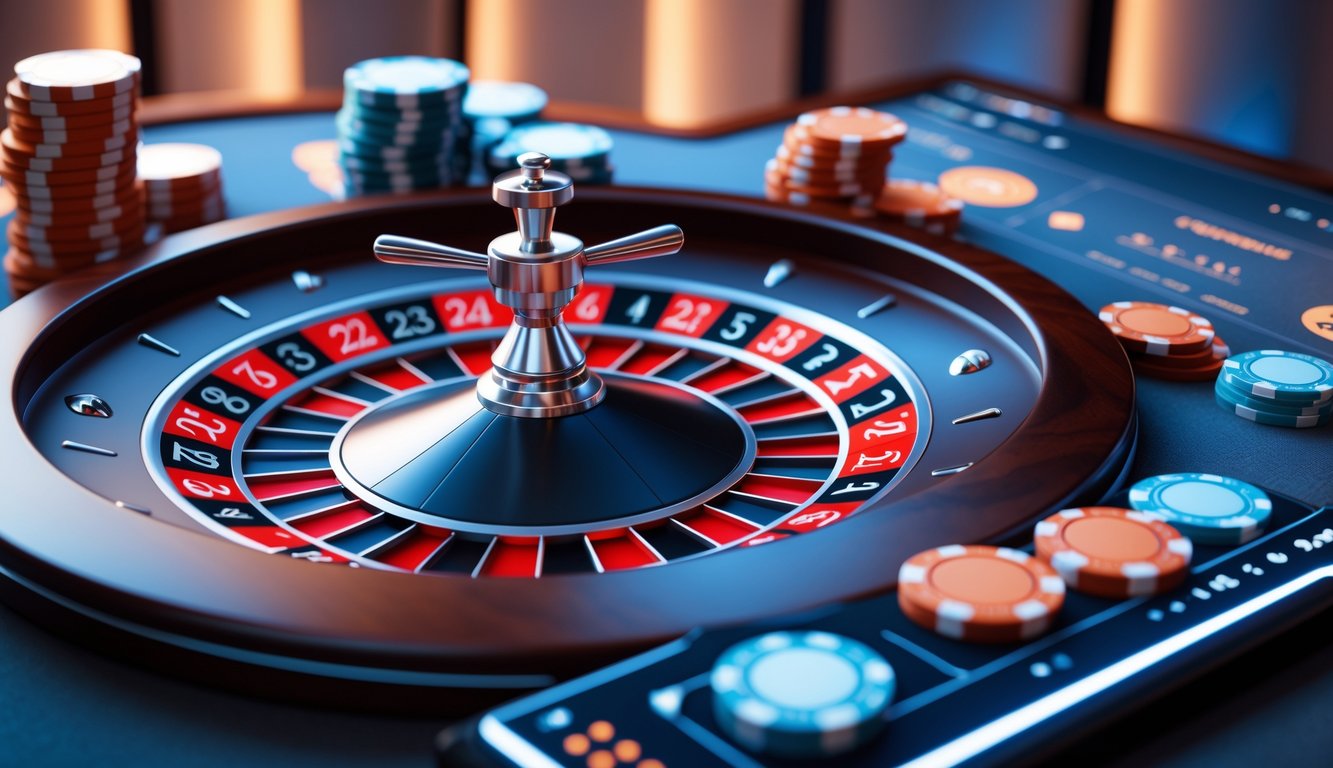 Meja roulette online dengan roda roulette berputar dan tumpukan chip warna-warni di sekitarnya.