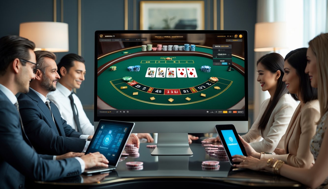 Beberapa orang bermain baccarat online dengan perangkat digital di ruangan yang terang dan modern.