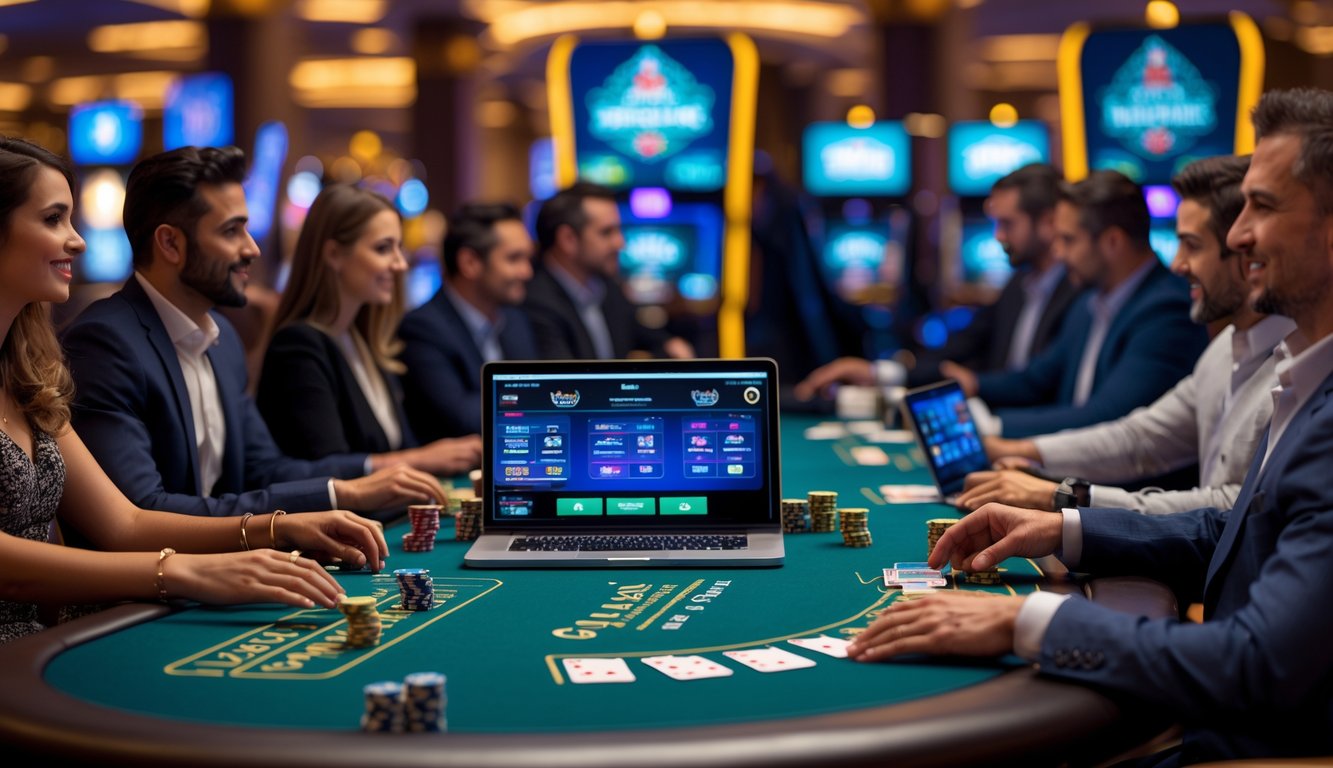 Suasana permainan blackjack langsung online dengan meja blackjack, kartu, chip, dan pemain yang menggunakan laptop dan ponsel.