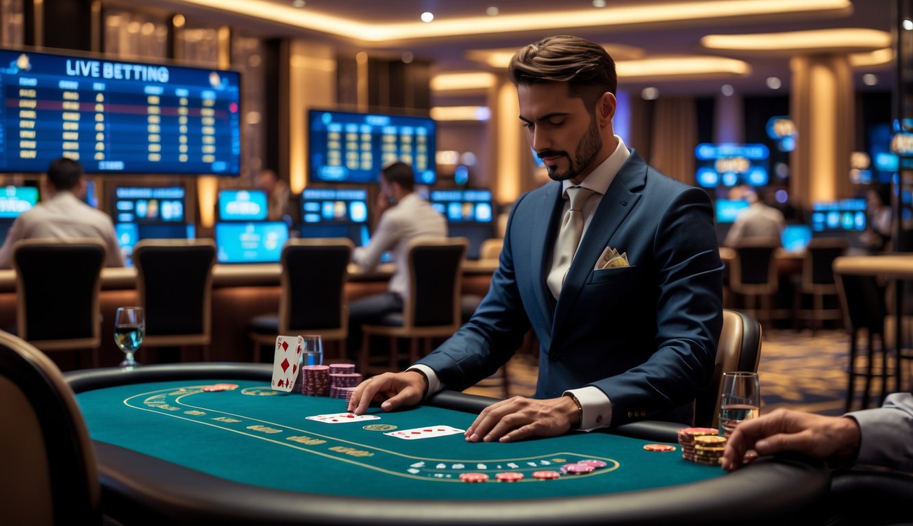 Suasana kasino langsung yang aman dengan dealer dan pemain yang sedang memasang taruhan menggunakan perangkat digital.