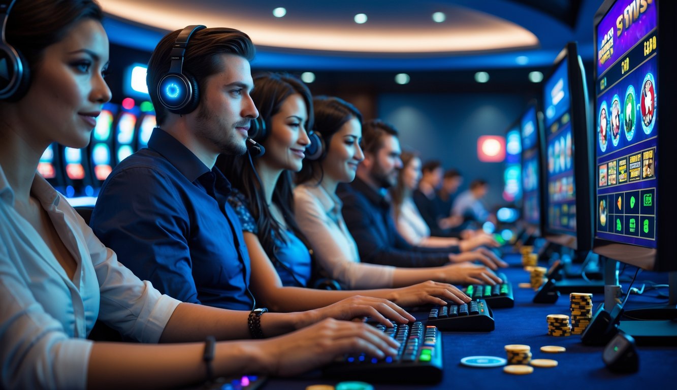 Beberapa orang bermain permainan kasino online di depan komputer dengan layar menampilkan permainan kasino yang berwarna-warni.