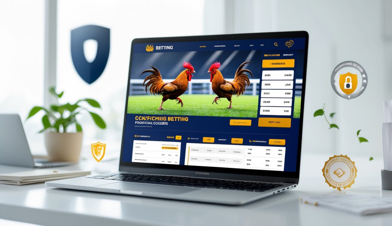 Seseorang menggunakan komputer dengan tampilan situs sabung ayam online yang menampilkan ayam beradu dan pilihan taruhan di layar.