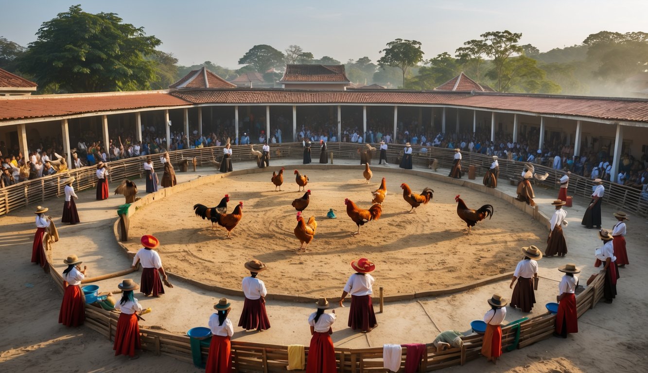 Arena sabung ayam resmi dengan ayam jantan dan penonton yang memerhatikan pertandingan.