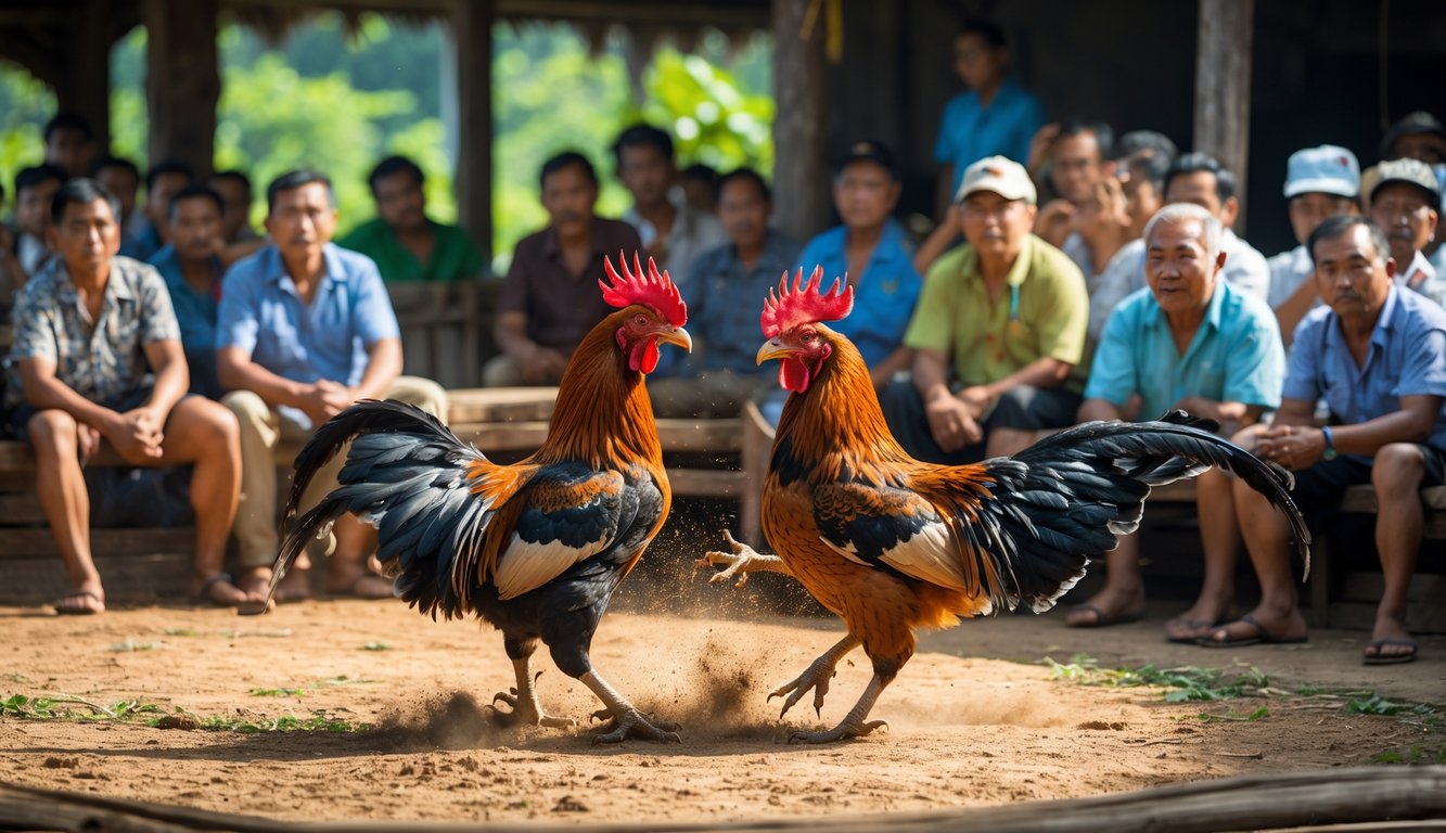 Dua ayam jago sedang bertarung di arena kayu dengan sekelompok orang menonton dengan fokus di sekelilingnya.