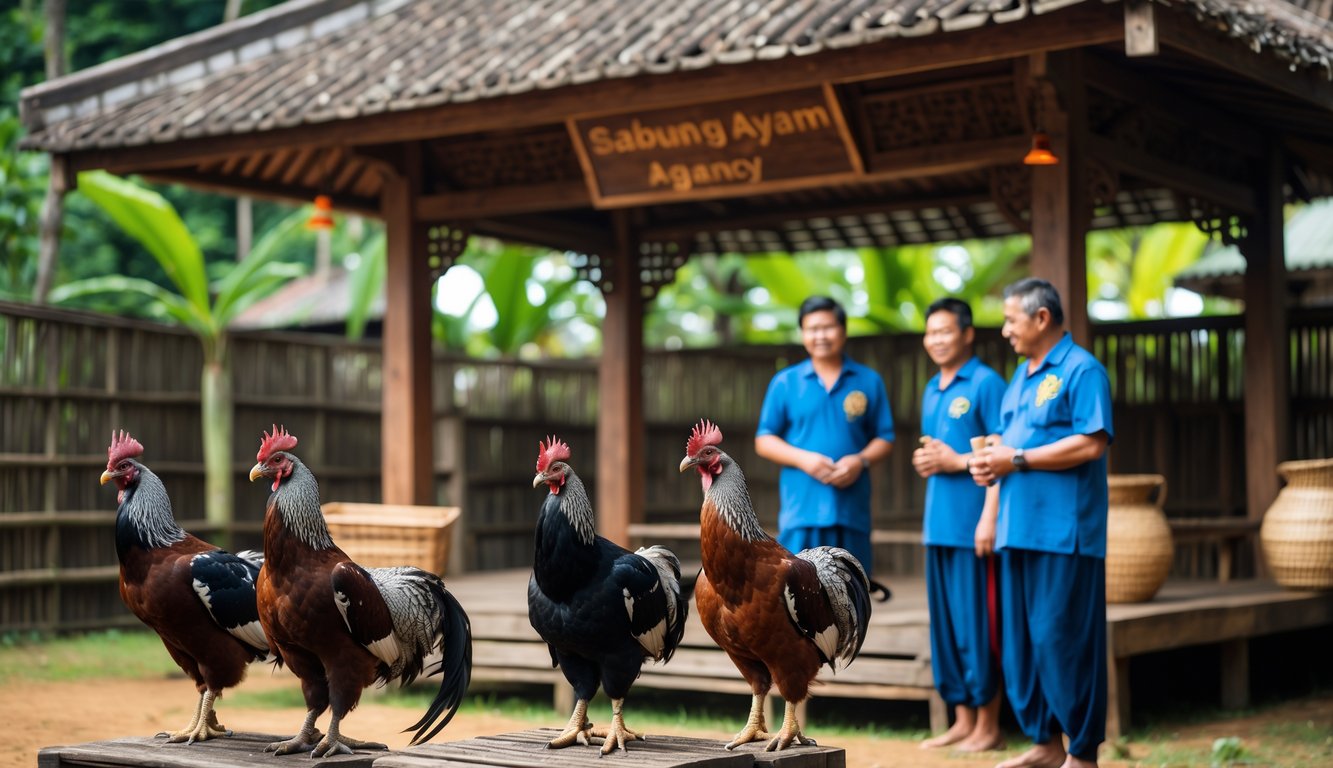 Pemandangan tempat sabung ayam tradisional yang aman dengan beberapa ayam jago di tempat bertengger dan beberapa pria lokal berbicara di sekitar area terbuka yang dikelilingi oleh tanaman tropis.