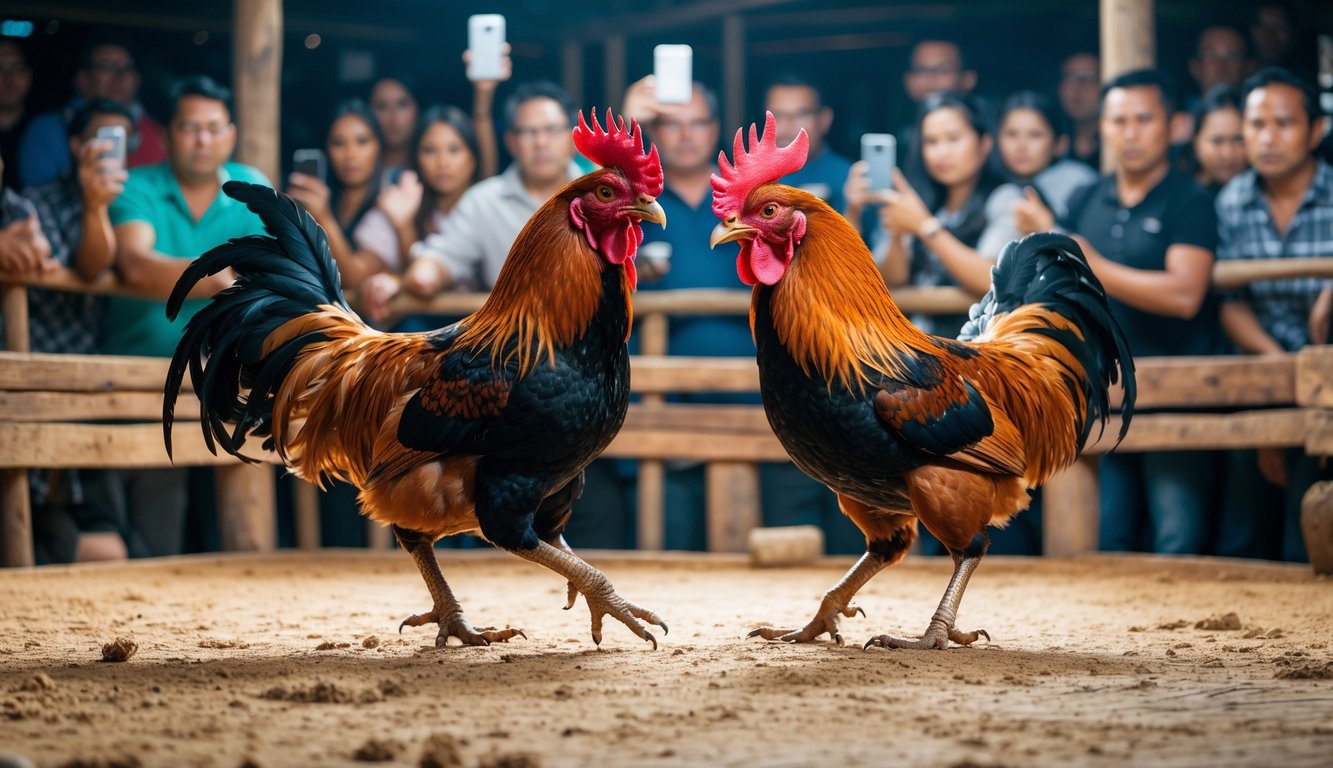 Dua ayam jago sedang bertarung di arena kayu dengan penonton yang memperhatikan di sekitarnya.