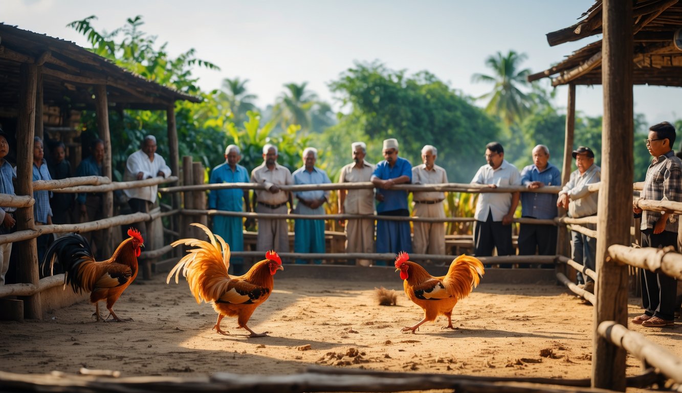 Suasana arena adu ayam tradisional di luar ruangan dengan beberapa ayam jago dan penonton yang memperhatikan pertandingan.