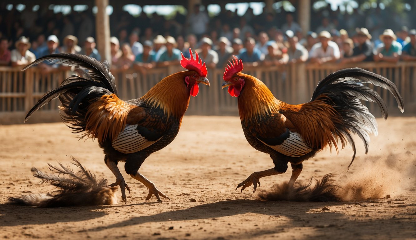 Dua ayam jago sedang bertarung di arena dengan penonton yang memperhatikan di latar belakang.