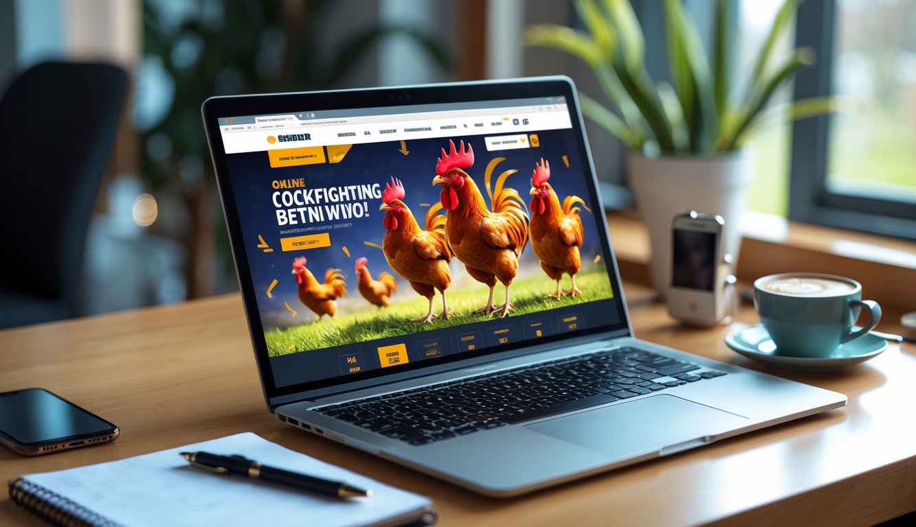 Seorang pengguna duduk di depan laptop di meja kerja dengan layar menampilkan ilustrasi ayam jago dalam suasana taruhan online.