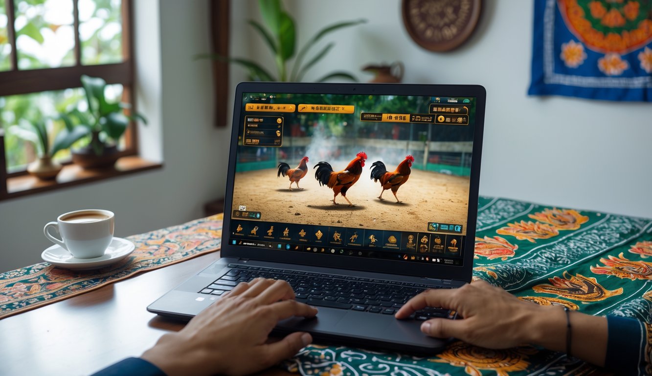 Seseorang menggunakan komputer untuk menonton pertandingan sabung ayam secara online dengan elemen budaya Indonesia di latar belakang.