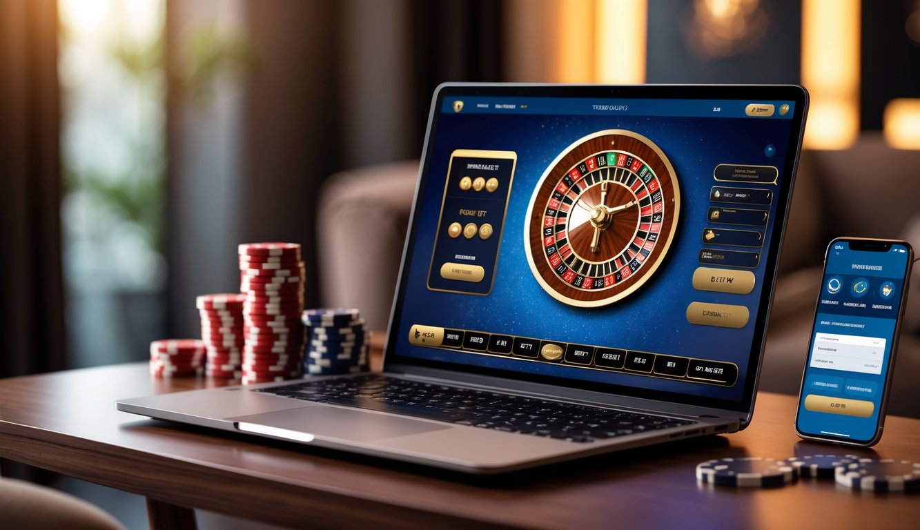 Meja kerja modern dengan komputer yang menampilkan permainan roulette online dan tumpukan chip poker di sampingnya.