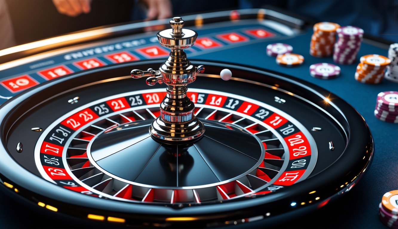 Meja roulette kasino online dengan roda roulette yang berputar dan antarmuka digital untuk taruhan.