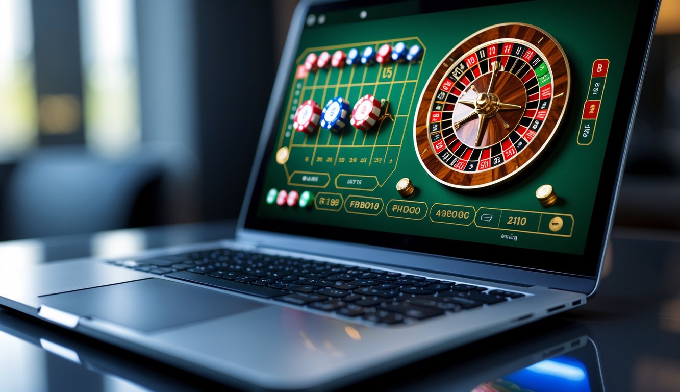 Sebuah laptop menampilkan permainan roulette online dengan roda roulette berputar dan chip taruhan di layar.