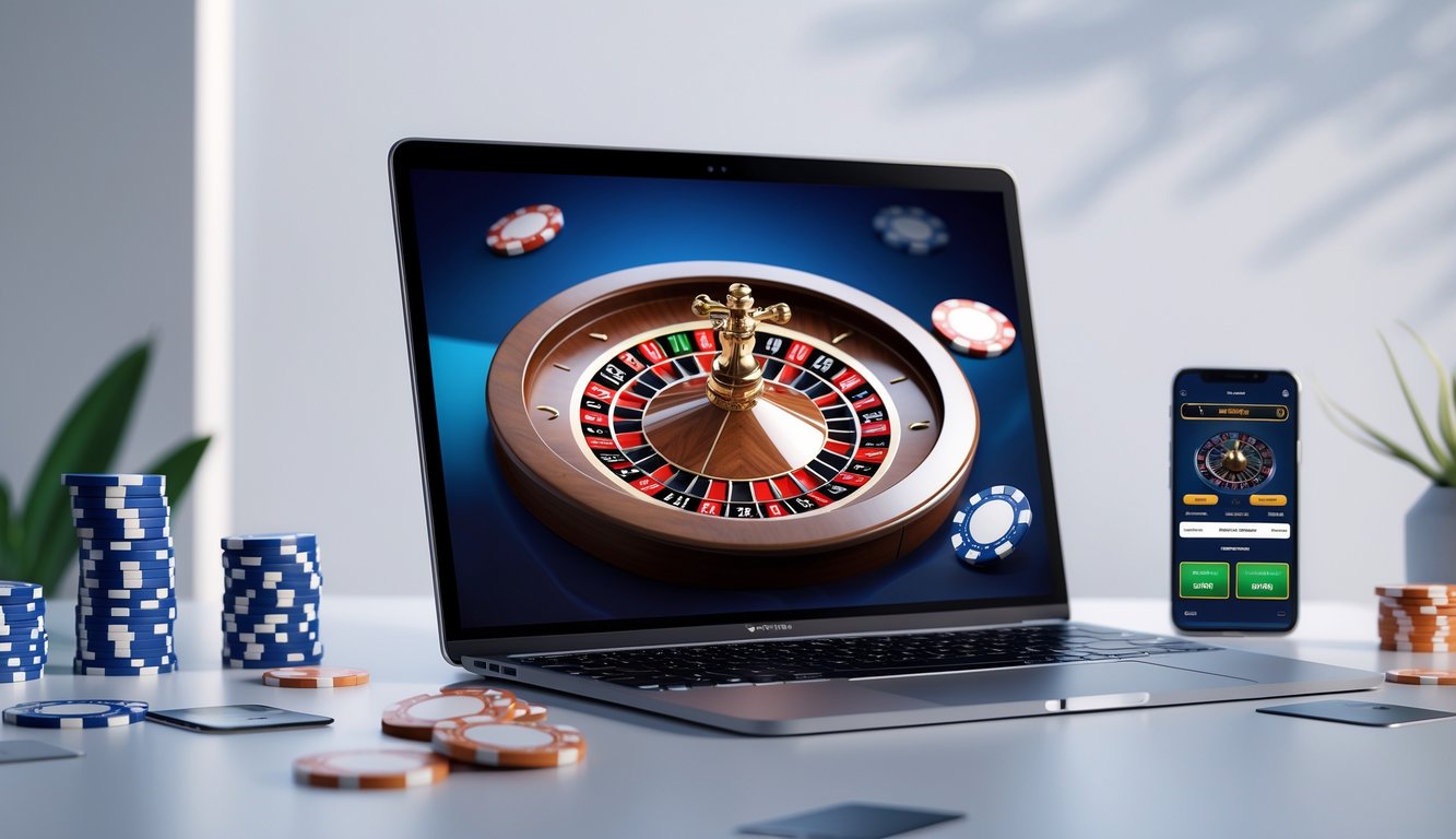 Sebuah komputer dengan layar menampilkan roda roulette digital yang berputar, dikelilingi oleh chip poker dan kartu bermain.