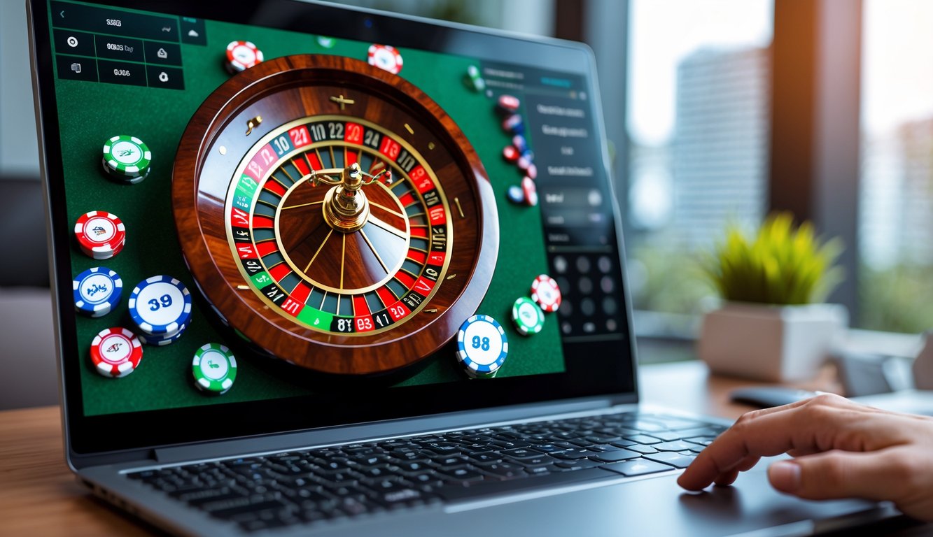 Sebuah komputer menampilkan roda roulette digital dengan chip taruhan di meja virtual dalam suasana yang aman dan modern.