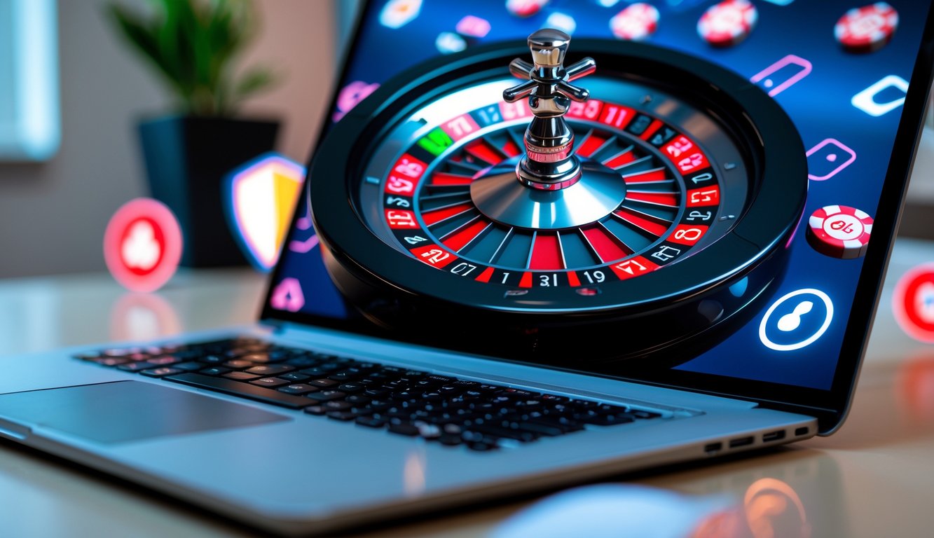 Seorang pemain sedang menggunakan laptop dengan permainan roulette online yang sedang berputar di layar.