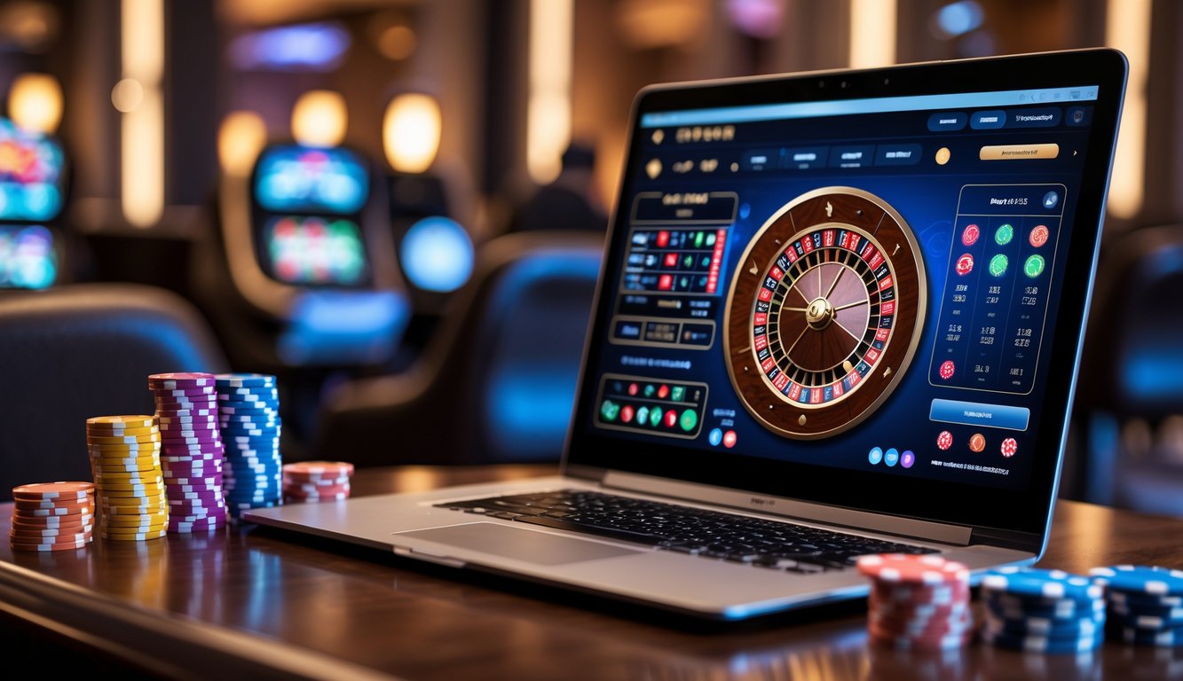 Sebuah komputer menampilkan permainan roulette online dengan tumpukan chip di atas meja kayu di lingkungan kasino modern.